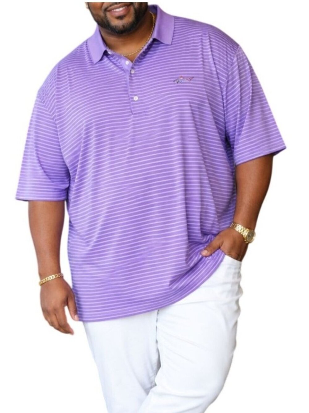 Greg Norman Size XXL Polo Shirt Striped Lavender Moisture-Wicking Golf Apparel